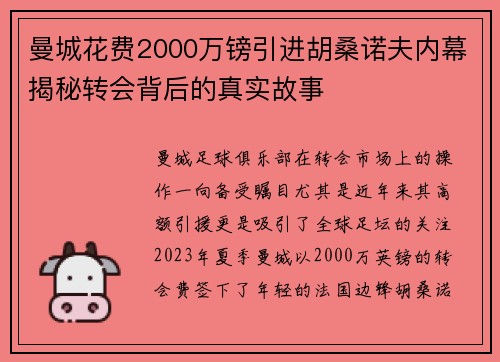 曼城花费2000万镑引进胡桑诺夫内幕揭秘转会背后的真实故事